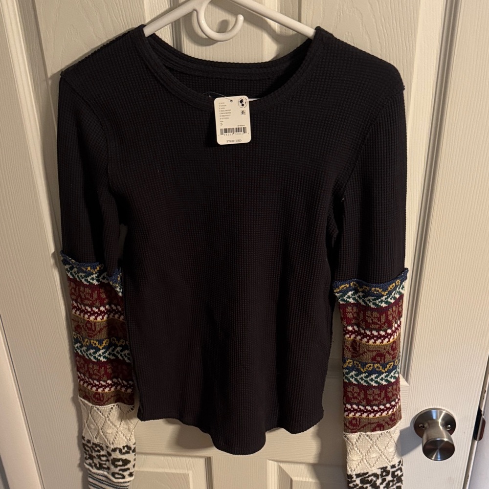 We The Free Black Top with Colorful Patterned Sleeves